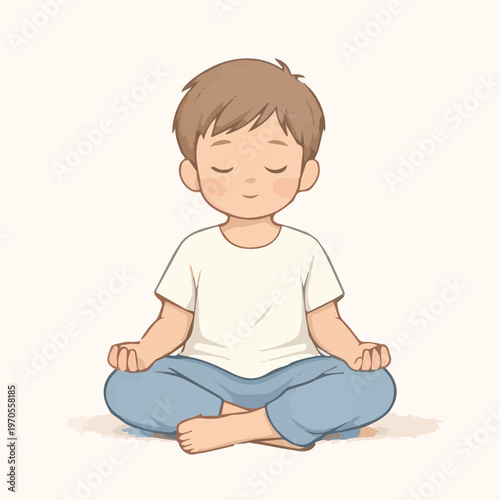 A vector illustration of a young person sitting in a yoga pose, expressing peace, calm, and mindfulness with a simple and clean design in a relaxing atmosphere.