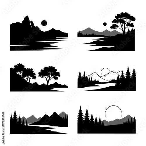 Serene Landscapes: A collection of black silhouette landscapes, showcasing majestic mountains, tranquil lakes, and verdant forests, with a peaceful atmosphere.