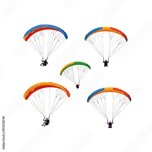 Soaring High: Five paragliders gracefully float through the air, their colorful canopies creating a vibrant display of freedom and adventure.