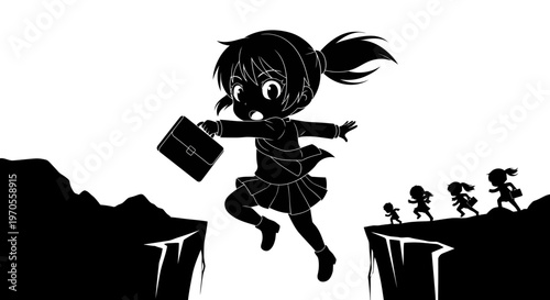 Determined Schoolgirl Jumping Over Gap Vector Illustration of Educational Challenge and Future Success, Overcoming Adversity in Academic Journey