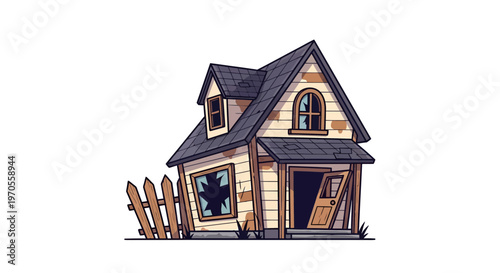 Dilapidated Old House Vector Illustration with Broken Fence, Isolated on White for Real Estate Concepts