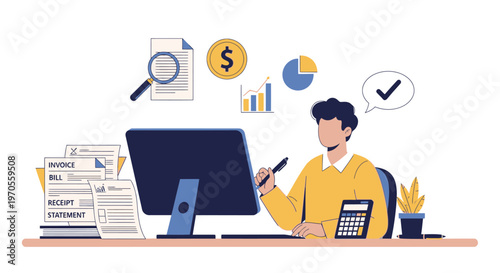 Illustration of a man sitting at a desk with a computer, calculator, and papers, surrounded by financial and business icons.