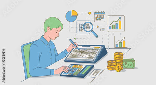 Illustration of a man sitting at a desk working on a calculator with financial graphs and coins in a professional setting.