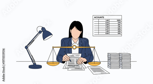 Illustration of a businesswoman working at a desk with a scale, laptop, documents, and lamp in a professional setting.