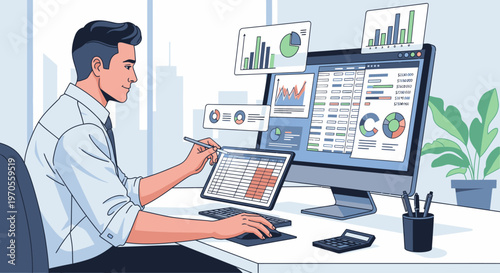 Illustration of a man working on a laptop and computer with graphs and charts in a modern office setting with a city view.
