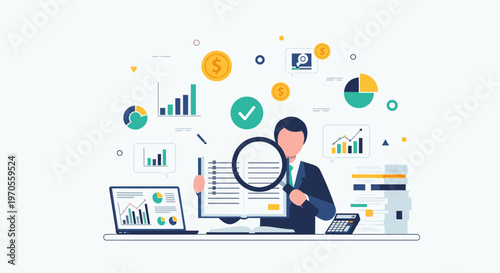 Illustration of a businessman analyzing data on a computer with graphs and charts floating around him in a colorful and dynamic workspace.