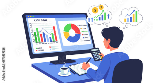 A man in a blue shirt sits at a desk analyzing data on a computer with graphs and charts while holding a calculator and pen on a piece of paper with a cup of coffee nearby against a plain