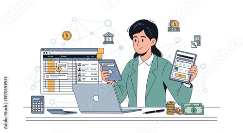 Illustration of a businesswoman analyzing financial documents with a laptop and calculator on a desk in a modern office setting with a professional mood.