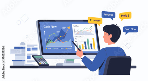 Man analyzing business data on a computer with graphs and charts in a professional office setting with a calm and focused mood.