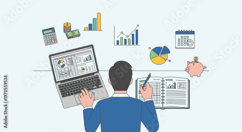 Illustration of a man in a blue shirt working with a laptop and papers surrounded by business charts and graphs on a light blue background.