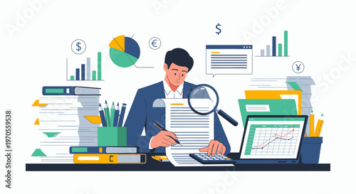 A businessman analyzes financial data on papers and laptop at a cluttered desk with charts and graphs around him in a workspace.