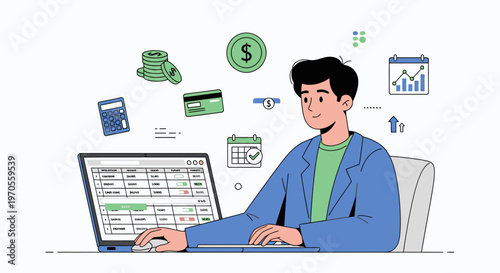 Illustration of a man sitting at a desk working on a laptop with financial icons floating around him on a white background.