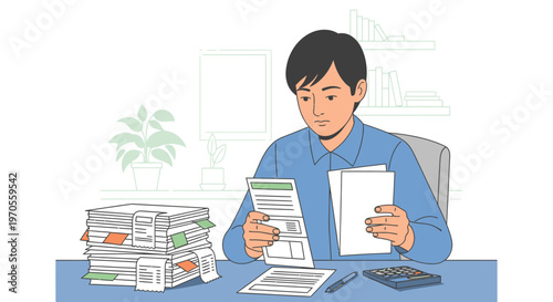 A man in a blue shirt sits at a desk reviewing documents with a calculator and stacks of papers in a simple office setting.