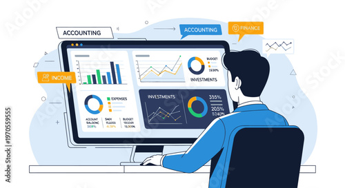 Illustration of a man sitting at a desk analyzing data on a computer with various graphs and charts on the screen against a clean background.