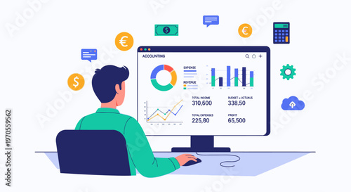 Illustration of a man sitting at a desk analyzing financial data on a computer with various icons floating around in a colorful and modern style.