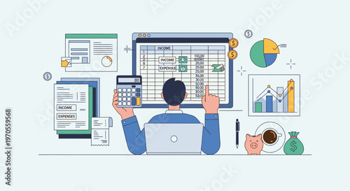 Illustration of a man sitting at a desk with a laptop and various financial documents and graphs around him.
