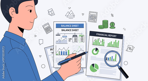 A man in a blue shirt examines financial documents with a magnifying glass and pen, surrounded by graphs and charts on a clean white background.