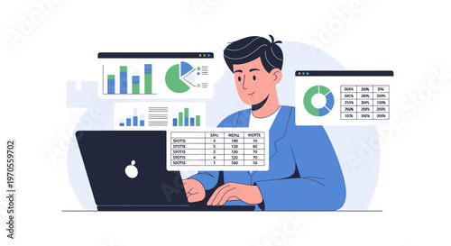 Illustration of a man analyzing data on a laptop with graphs and charts around him in a professional setting.