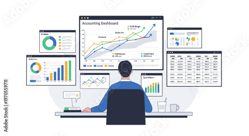 Illustration of a man sitting at a desk analyzing multiple graphs and charts on computer screens with a focused expression in a minimalist office setting.
