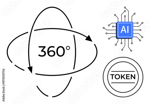Artificial intelligence, blockchain, digital currency, virtual reality, technological innovation, automation. A 360-degree rotation symbol, AI chip graphic and token icon. Blockchain and virtual