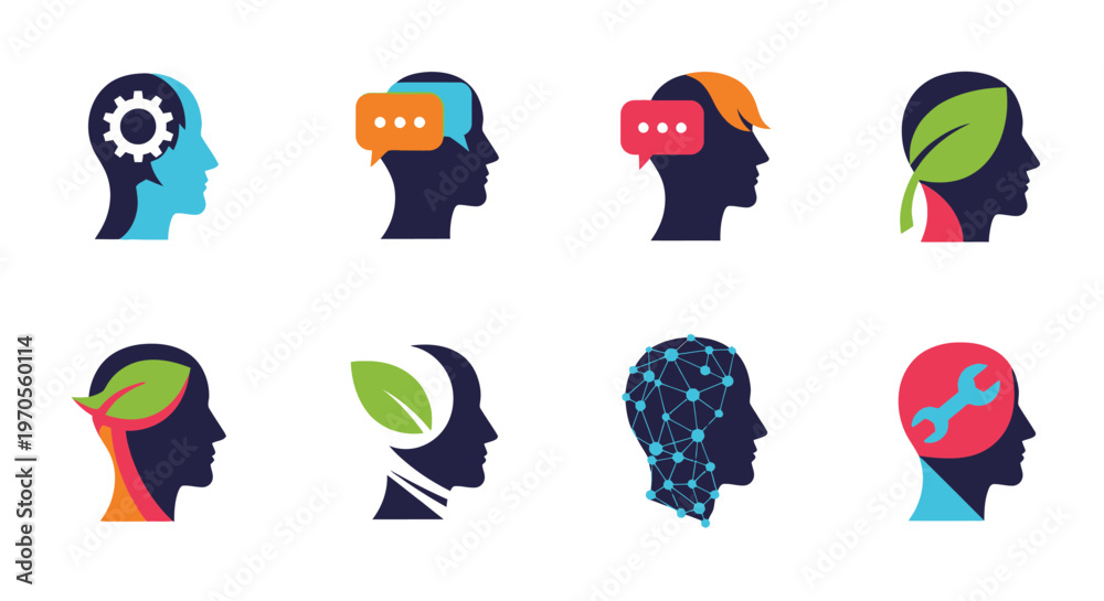 Fototapeta premium Vector illustration of a set of colorful women silhouettes with head icons and brain symbols representing business people thinking and mind communication concepts