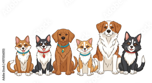 A cute group of pedigree puppies and small dogs including a chihuahua sitting together as pets on an isolated white background