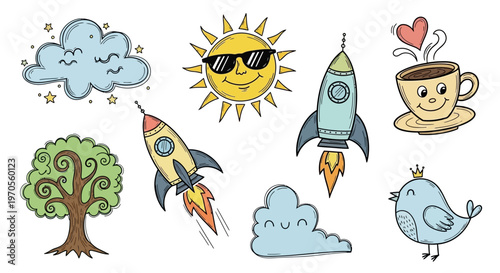 Set of funny cute cartoon space rockets and icons featuring a happy sun, moon, and blue clouds isolated on a summer sky nature background vector illustration