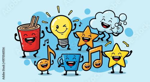 A funny cartoon robot and android lead a crowd of character icons in this vector illustration set featuring a business boy and school child