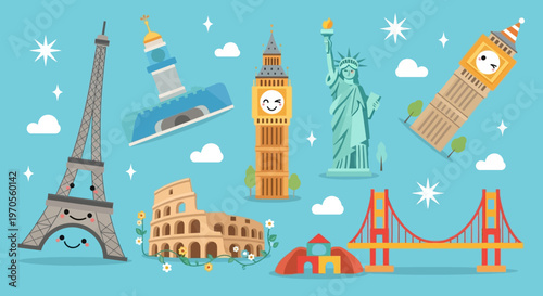 Explore the world through a travel and tourism concept featuring famous architecture icons like Big Ben in London and Paris landmarks in a modern vector illustration design