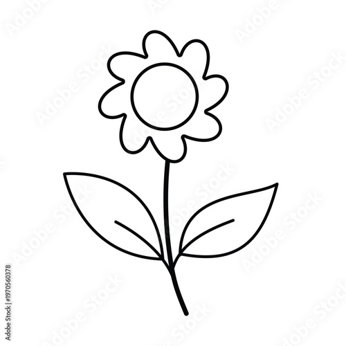 Flower Simple Black and White Line Art Drawing with Leaves and Stem