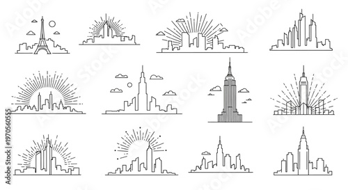 Vector illustration set of famous global landmarks and monuments including the Paris tower and architecture icons from London, Italy, and Egypt for travel and tourism design