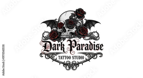 Ornate black and white vector tattoo design featuring a skull with wings and floral butterfly ornaments in a grunge art style