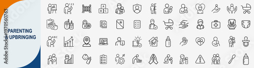 Parenting and upbringing childhood education family care icons set