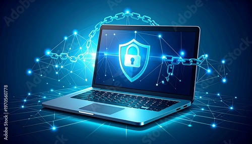 laptop with digital security shield icon and glowing cyber network on dark blue background