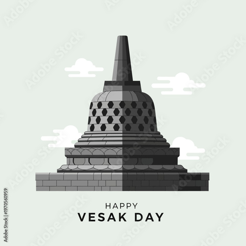 Happy Vesak Day illustration of Borobudur Temple, Buddhist holiday celebration