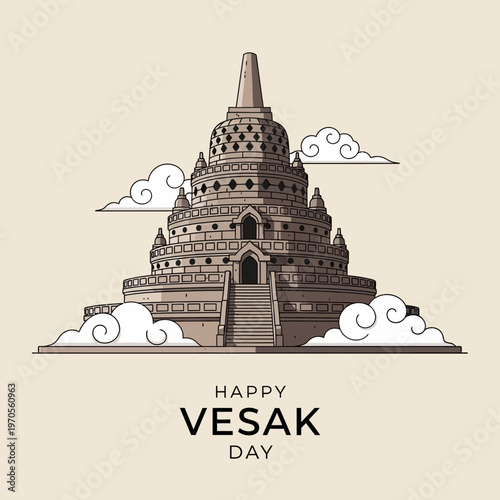 Happy Vesak Day illustration of Borobudur Temple with clouds