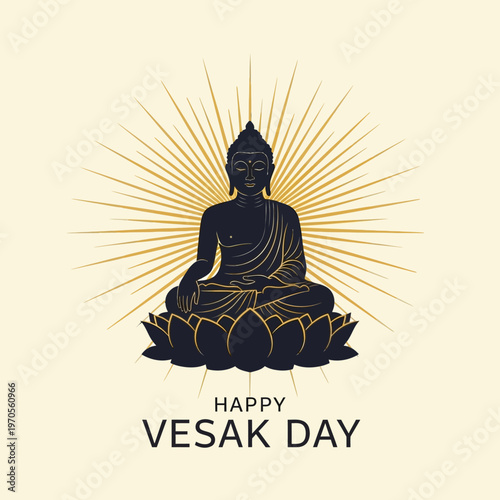 Happy Vesak Day illustration, Buddha meditating on lotus flower with radiating light