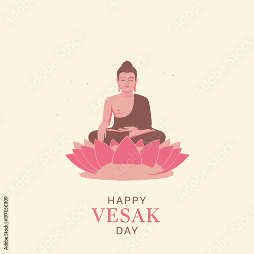 Happy Vesak Day Greeting with Buddha meditating on lotus flower