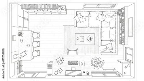 Top-down view of a modern living room and dining area floor plan
