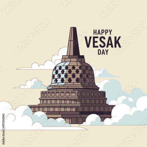Happy Vesak Day Greeting with Buddhist Temple and Clouds Illustration