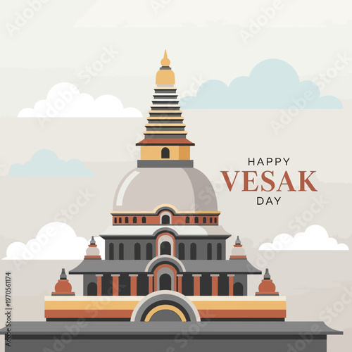 Happy Vesak Day Greeting with Buddhist Temple Pagoda and Clouds