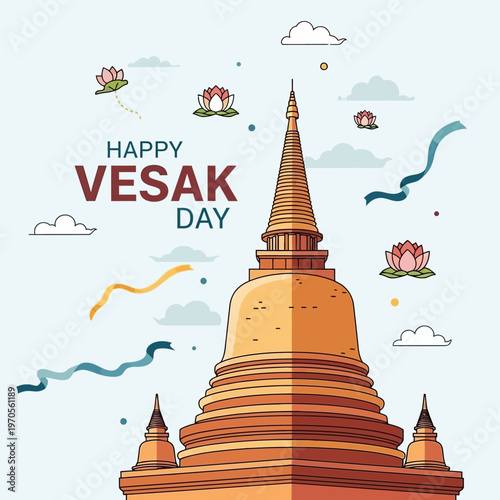 Happy Vesak Day Greeting with Golden Pagoda and Lotus Flowers