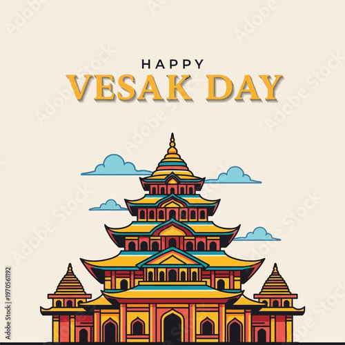 Happy Vesak Day Greeting with Traditional Asian Temple Architecture and Clouds