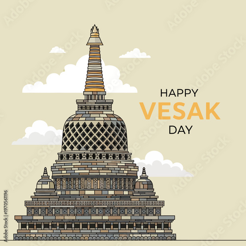 Happy Vesak Day greeting with traditional Buddhist stupa and clouds illustration