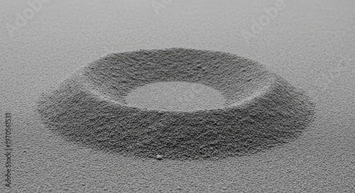 Fine grey particulate matter forming a shallow circular indentation on a textured surface