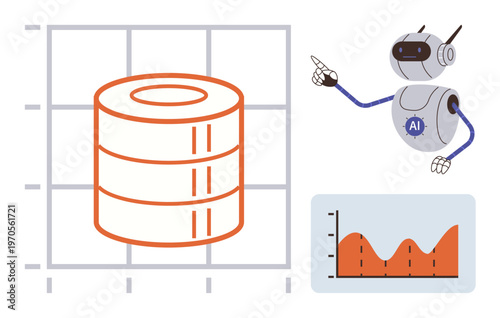 Data science, artificial intelligence, machine learning, analytics, automation, technology. Robot pointing at graph and database visual. Data science and artificial intelligence concept
