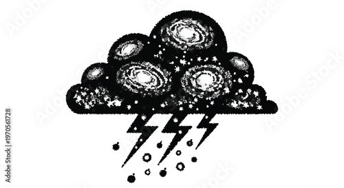 Stylized cloud illustration depicts galaxies, lightning bolts, and falling precipitation on a white.