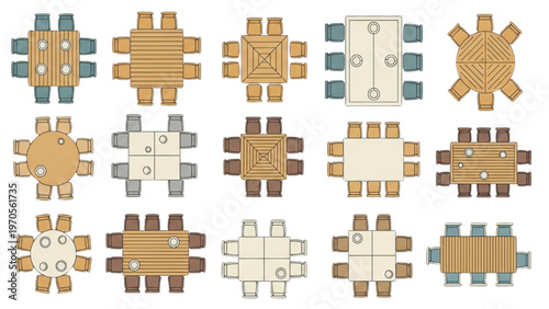 Top-down views of various dining table arrangements with chairs