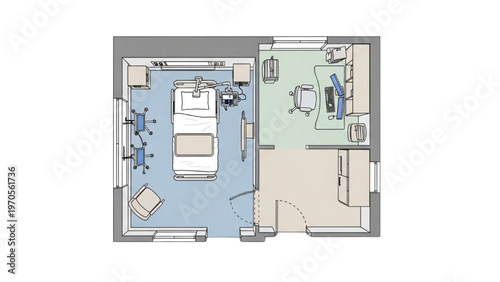 Architectural Floor Plan Illustration of a Modern Compact Bedroom and Functional Study Room Layout Design