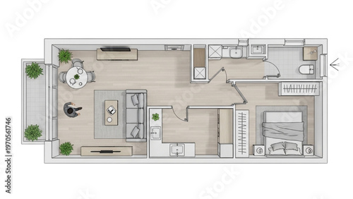 Modern Apartment Floor Plan with Balcony and Bedroom View